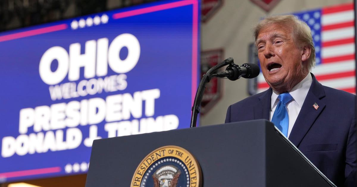 President Donald Trump speaks during an event at Butler High School in Vandalia, Ohio on Saturday, October 3, 2026 (AP Photo/Mark Schiefelbein)