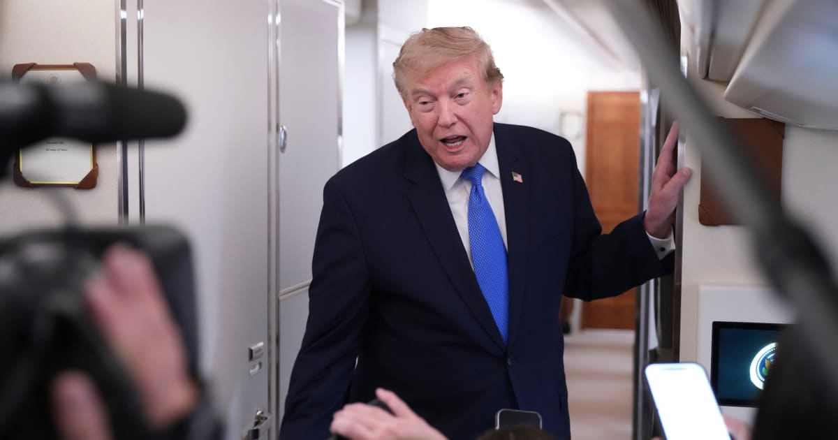 President Donald Trump speaks to reporters onboard Air Force One while returning to the White House, Sunday, August 2, 2026 (AP Photo/Jacquelyn Martin)