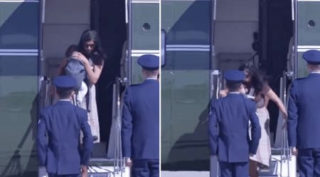 Video shows Usha Vance stumbling while getting off plane with 9-week-old son in her arms
