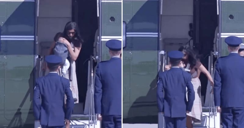 Video shows Usha Vance stumbling while getting off plane with 9-week-old son in her arms