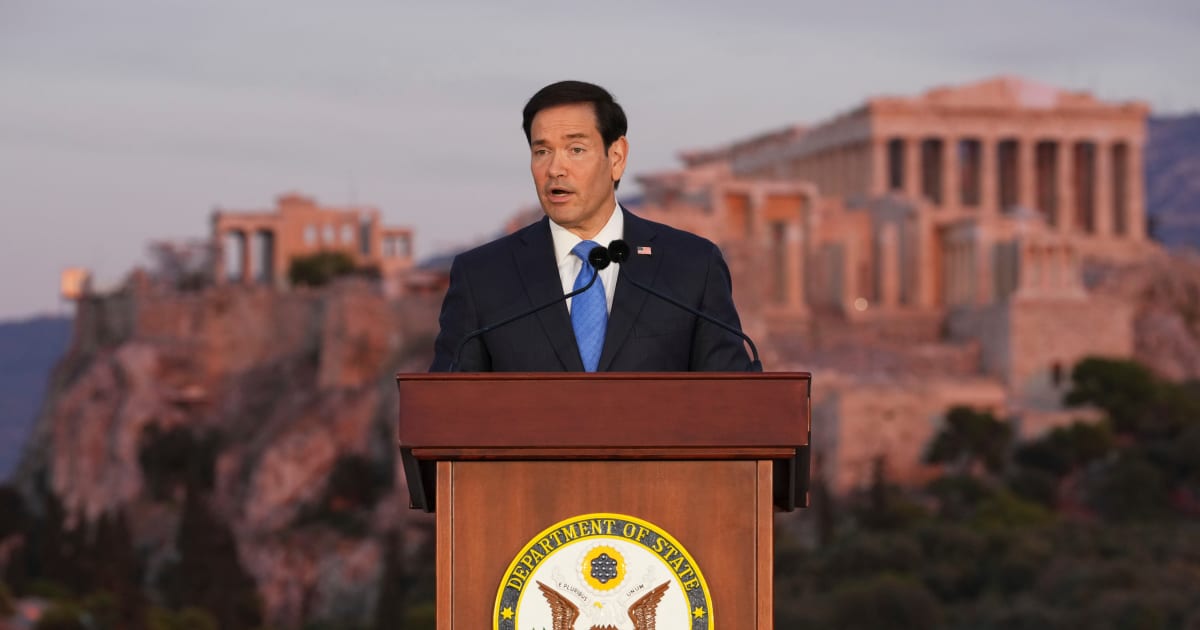 Secretary of State Marco Rubio speaks at the Pnyx hill, where ancient Athenians held democratic assemblies, with the ancient Parthenon temple atop the Acropolis in the background, in Athens,Wednesday, Oct 7, 2026 (AP Photo/Mark Schiefelbein, Pool)