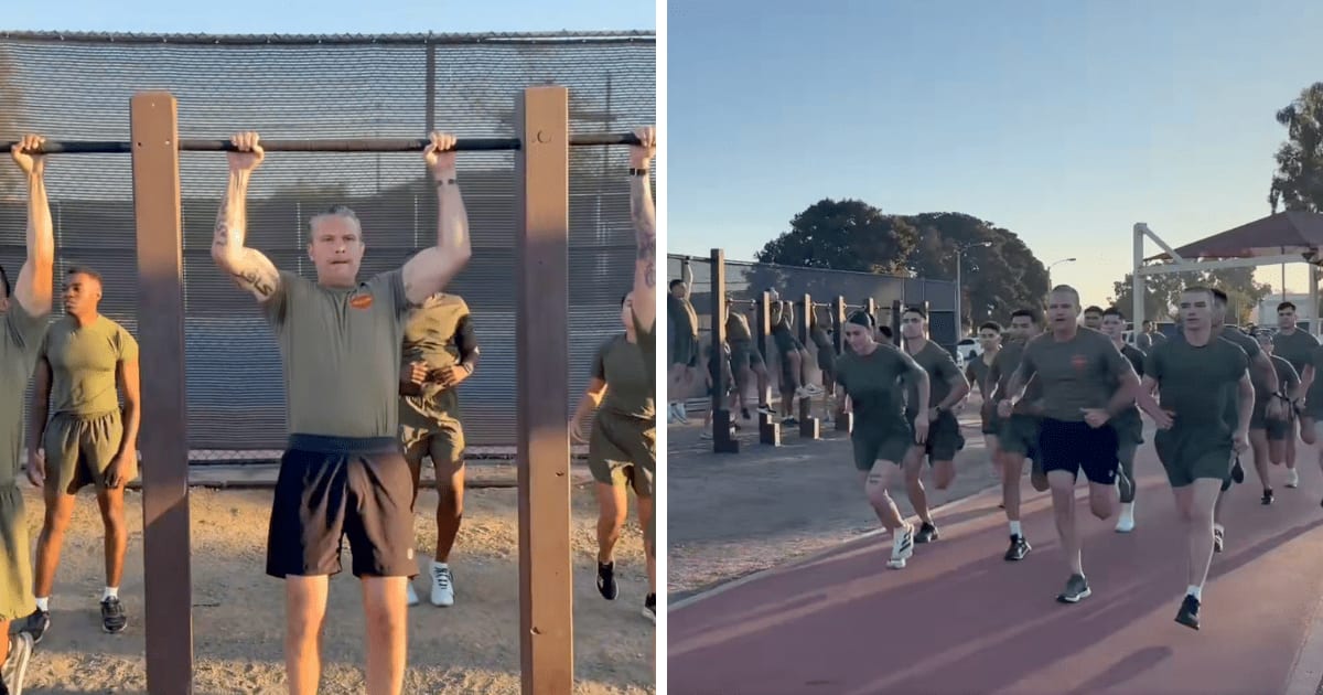 Pete Hegseth joined Marines for a workout, where service members appeared to move ahead of him as they jogged (DOWResponse)