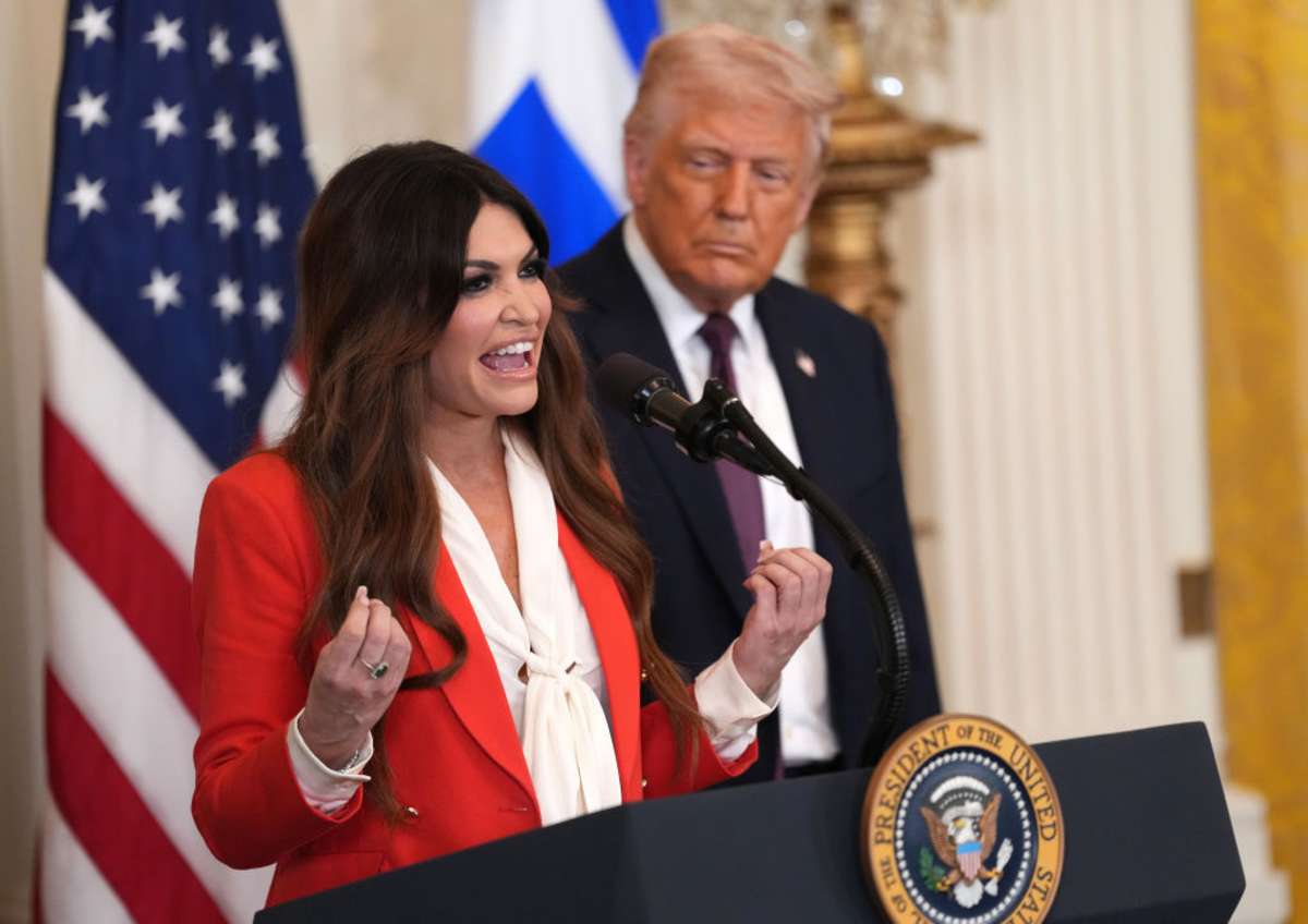 Kimberly Guilfoyle, President Trump's nominee to be the U.S. ambassador to Greece, speaks alongside U.S. President Donald Trump during a Greek Independence Day celebration at the White House on March 24, 2025 in Washington, DC. Trump recognized Greek members of his staff and cabinet and thanked