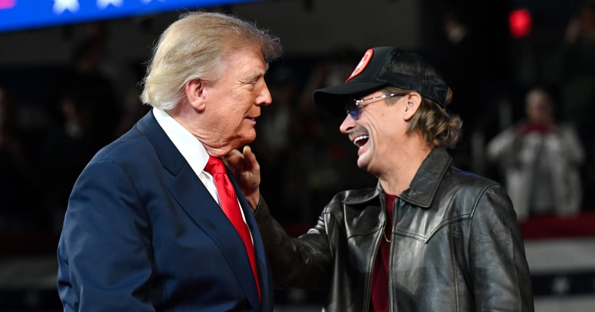 President Donald Trump meets Kid Rock during a political rally at the F&M Bank Arena on October 10, 2026, in Clarksville, Tennessee (Getty Images)