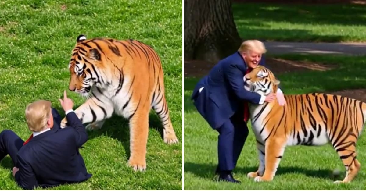 President Donald Trump first shared footage of a man being mauled by a tiger, then posted an AI clip showing himself chasing and hugging the animal (@realDonaldTrump/Truth Social)