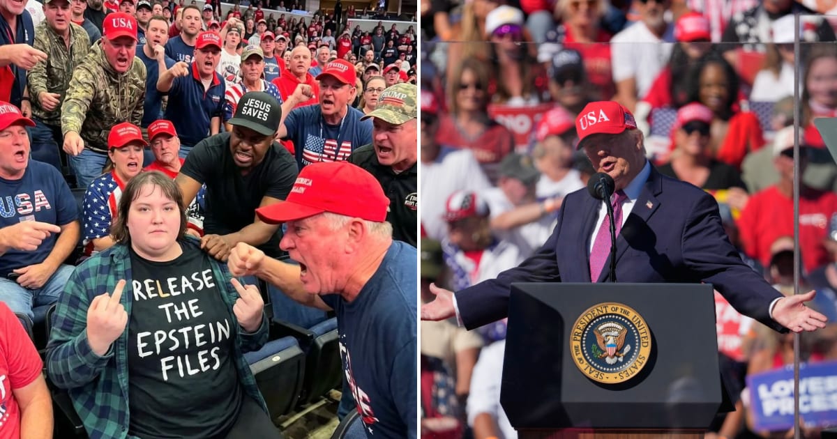 A viral image claims to show a protester being removed from the crowd at President Donald Trump's rally in Ohio (@two_and_a_half_dachshunds/Threads, AP Photo)