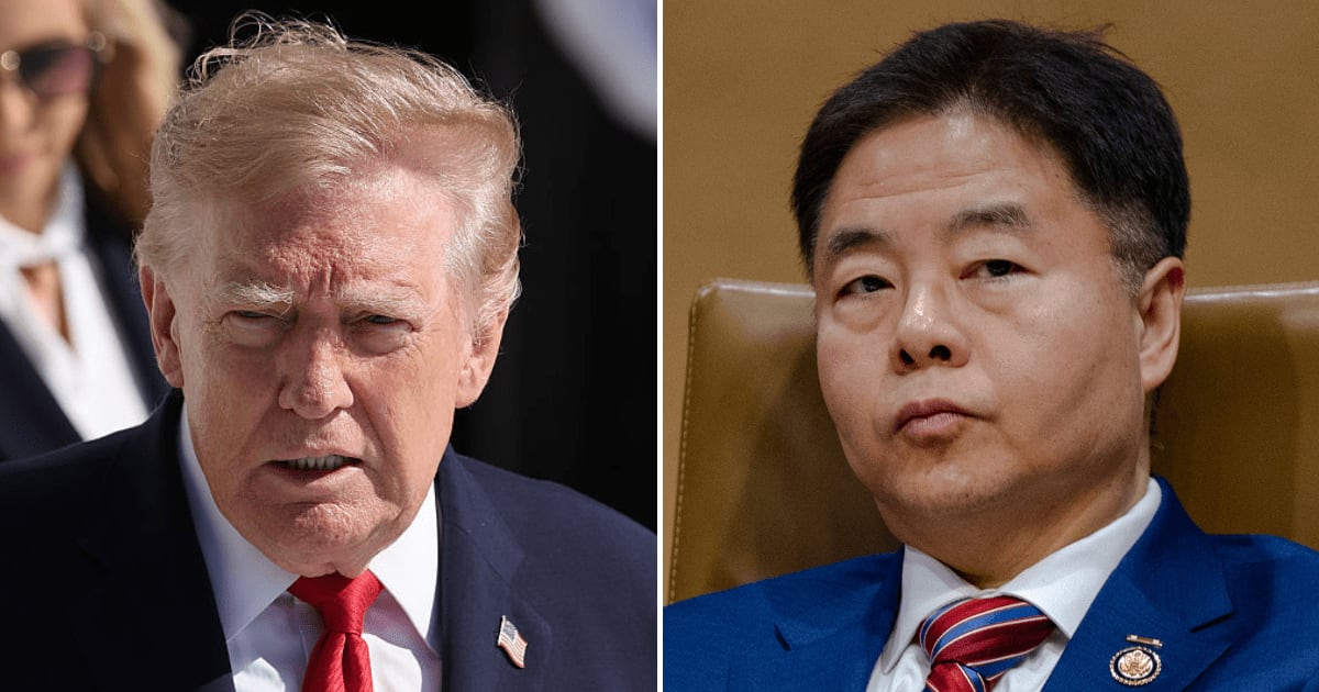 A social media rumor claims President Donald Trump has filed a $100M lawsuit against Ted Lieu for allegedly saying that the president hurt children (Getty Images)